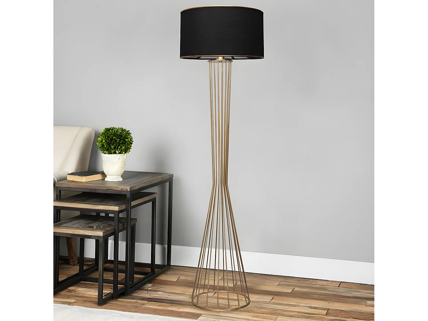 Lesmita vloerlamp met metalen rooster en stoffen kap H155cm 1xE27 - Goud
