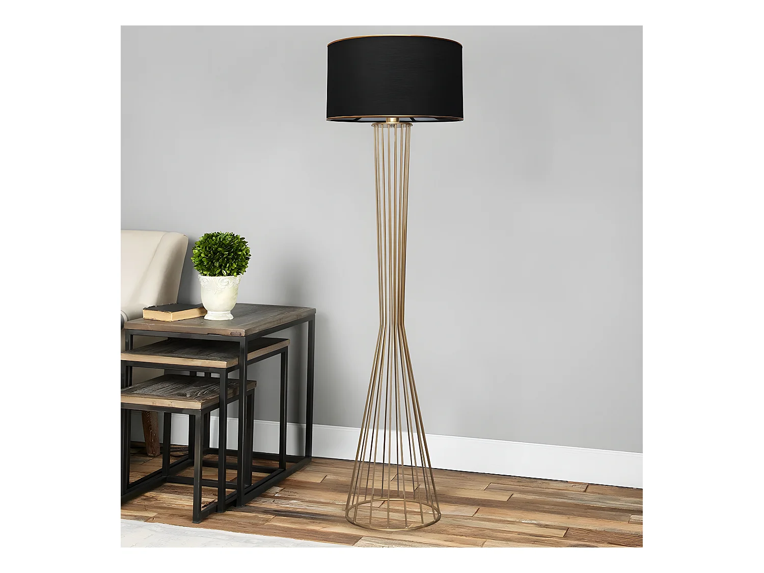 Lampadaire Lesmita avec grille métallique et abat-jour en tissu H155cm 1xE27 - Doré