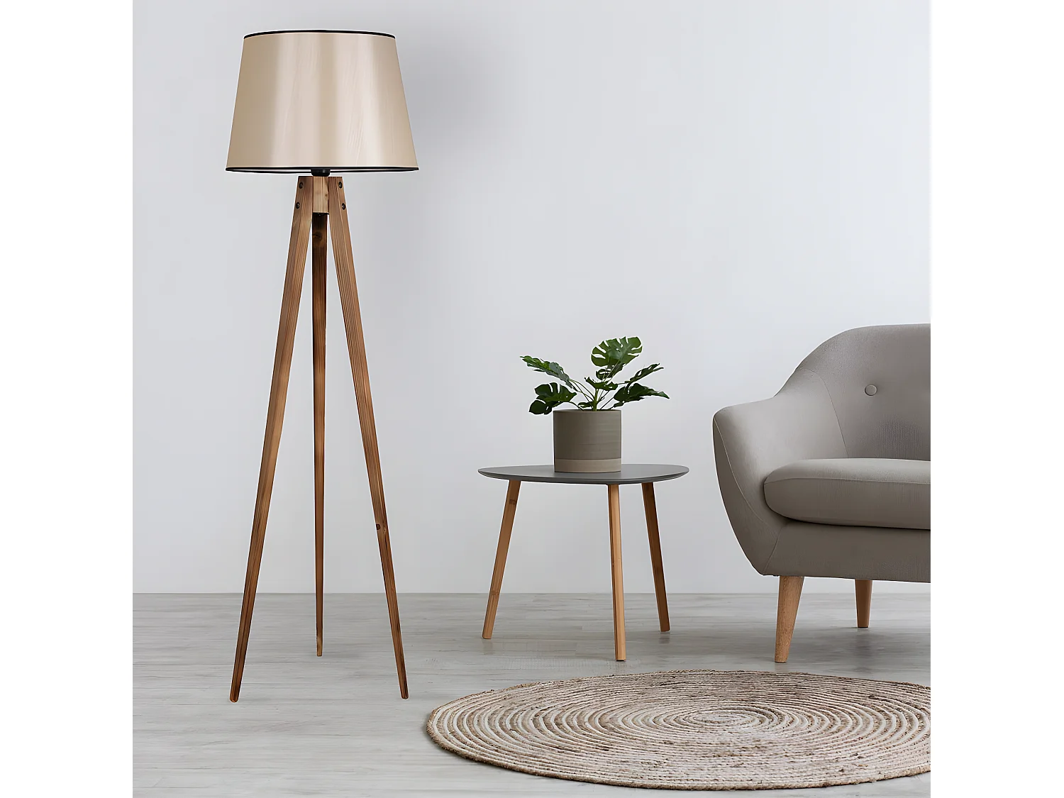 Lampe avec trépied en bois Vanta et abat-jour en tissu H160cm 1xE27 - Marron