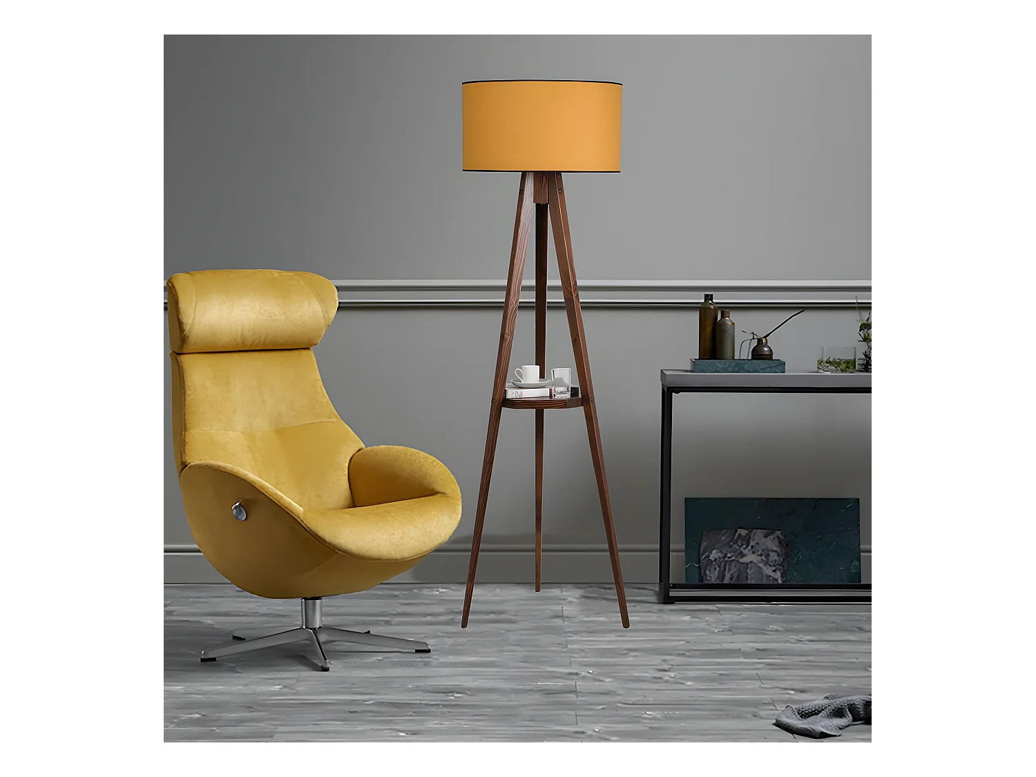 Lampe avec trépied et étagère en bois Grady et abat-jour en tissu H153cm 1xE27 - Moutarde
