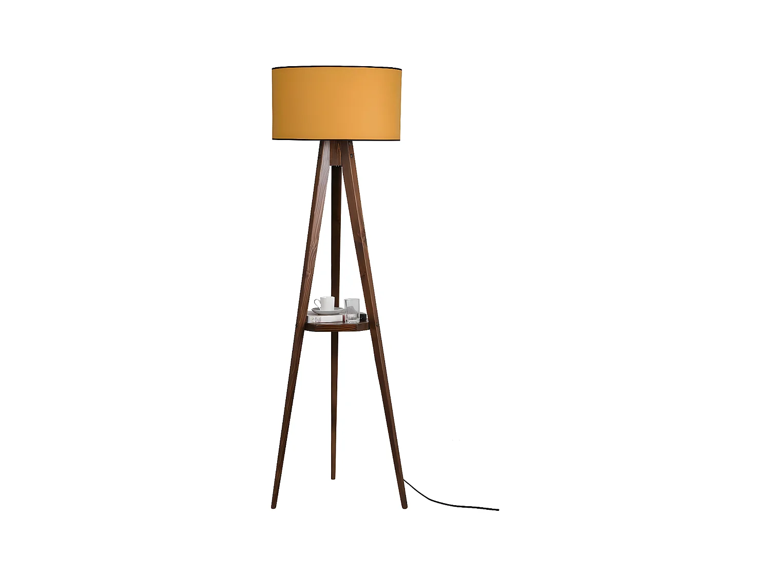 Lampe avec trépied et étagère en bois Grady et abat-jour en tissu H153cm 1xE27 - Moutarde