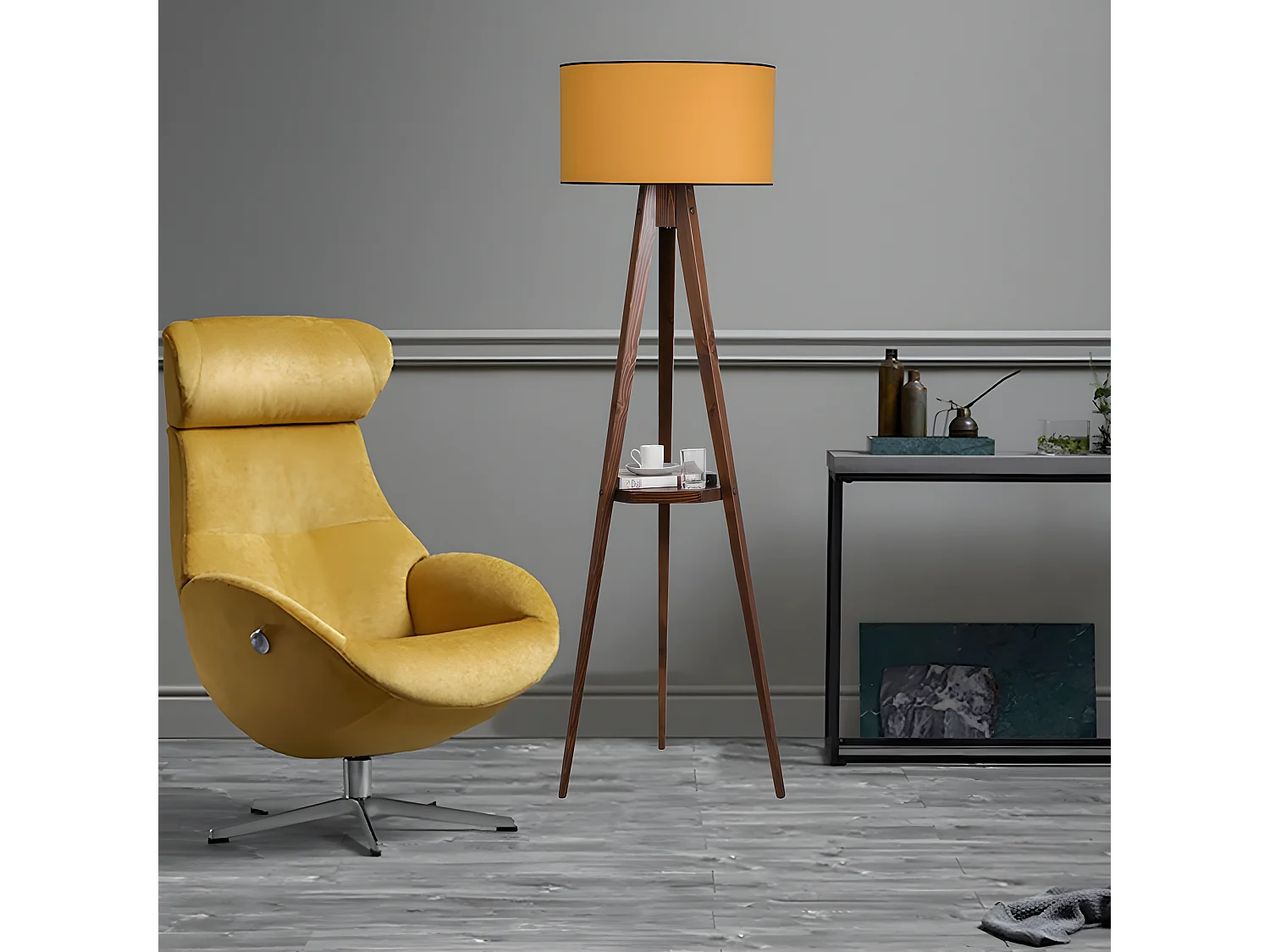 Stehleuchte mit Stativ und Holzregal Grady und Stofflampenschirm H153cm 1xE27 - Senf