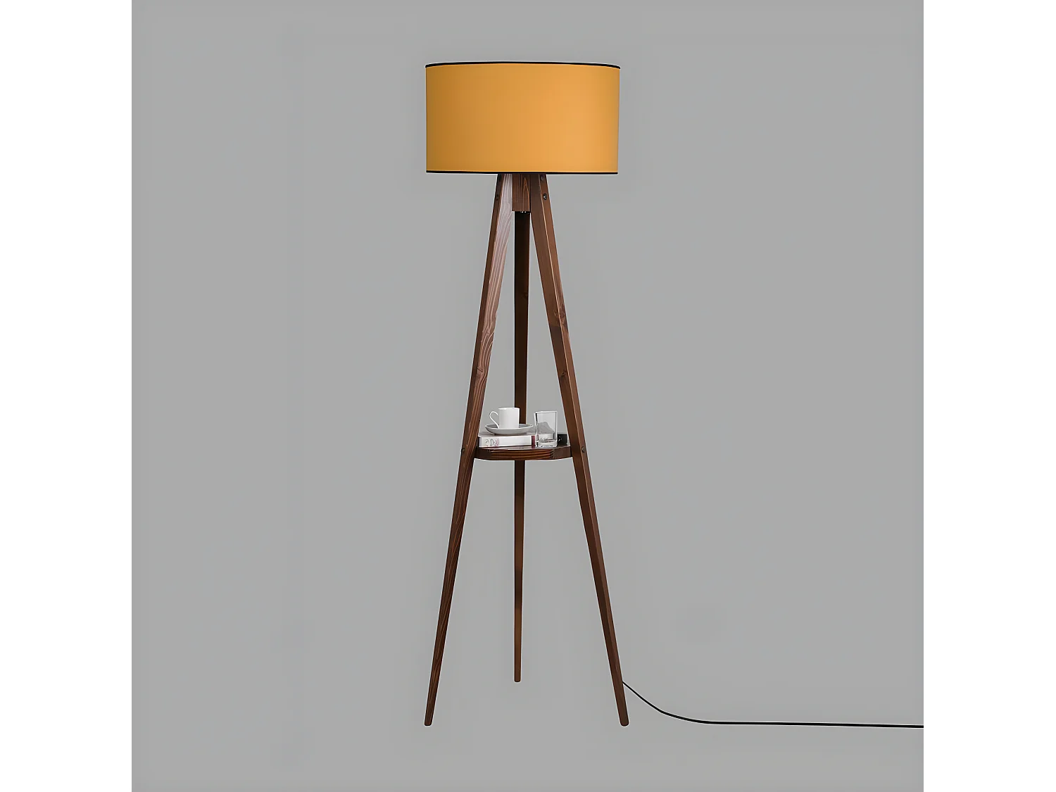 Stehleuchte mit Stativ und Holzregal Grady und Stofflampenschirm H153cm 1xE27 - Senf