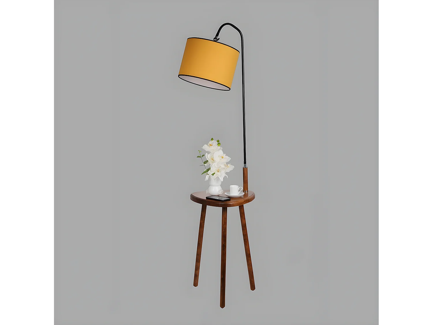 Stehleuchte mit Holztisch Colbert und Stofflampenschirm 1xE27 H160cm - Senf