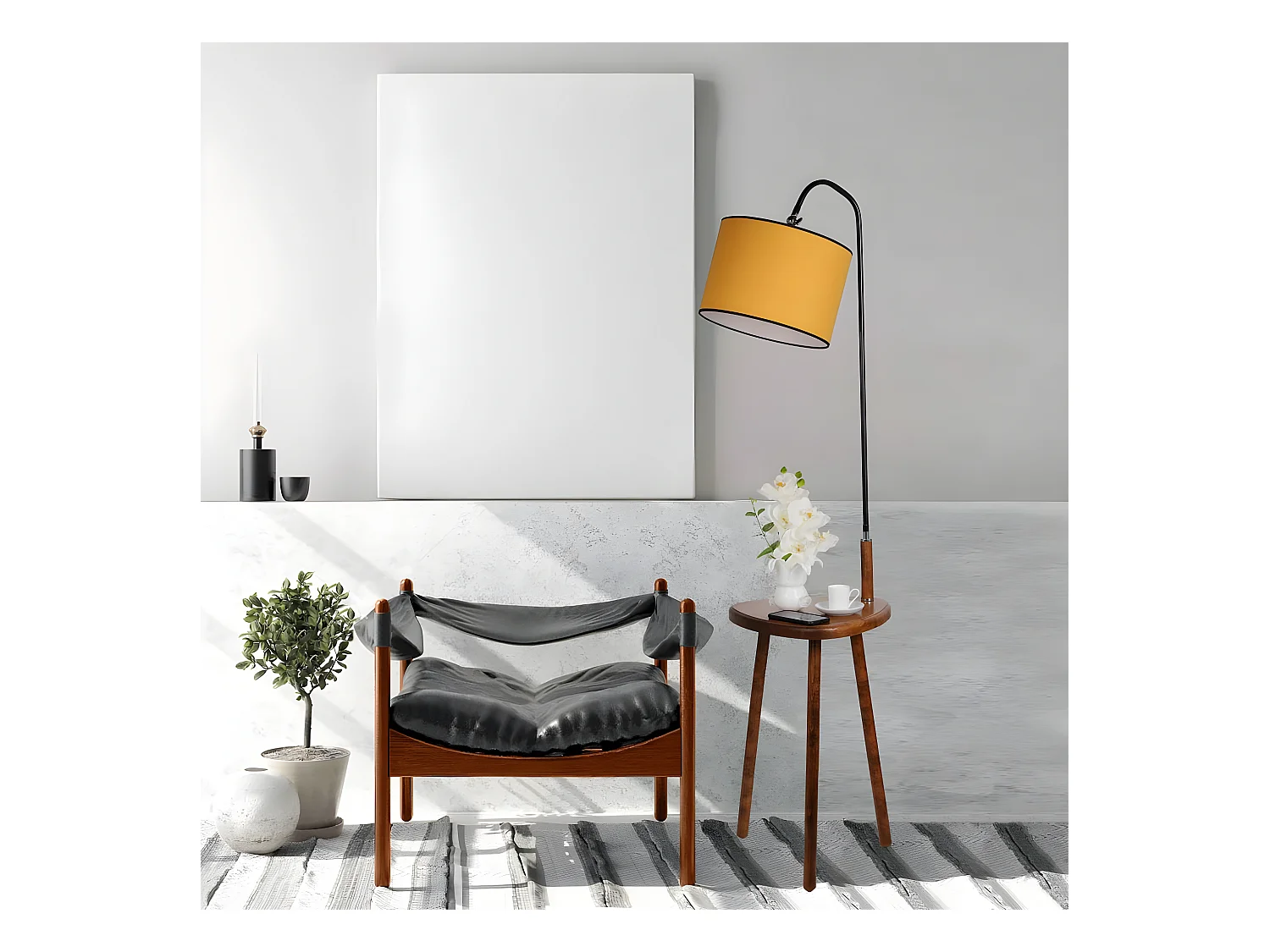 Lampadaire avec table en bois Colbert et abat-jour en tissu 1xE27 H160cm - Moutarde