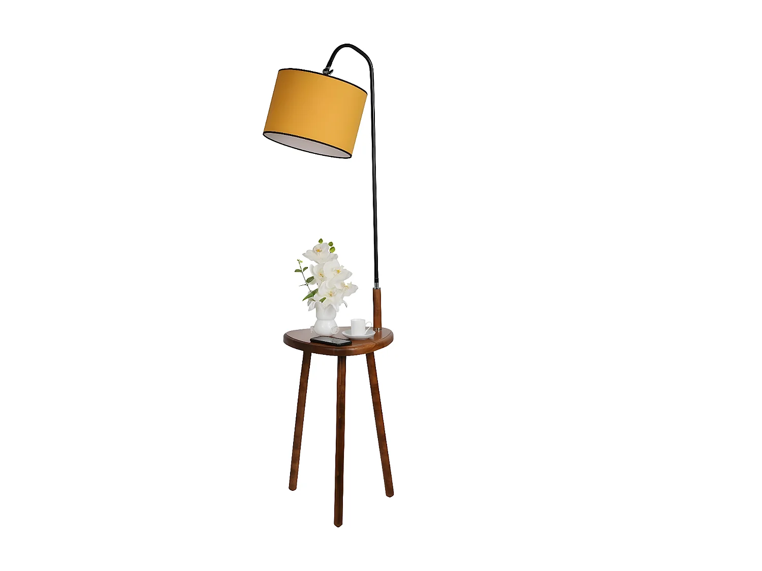 Lampada da terra Colbert con tavolo in legno e paralume in tessuto 1xE27 H160cm - Senape