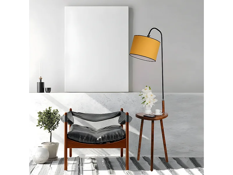 Candeeiro de pé com mesa de madeira Blazer e abajur de tecido 1xE27 H160cm - Mostarda