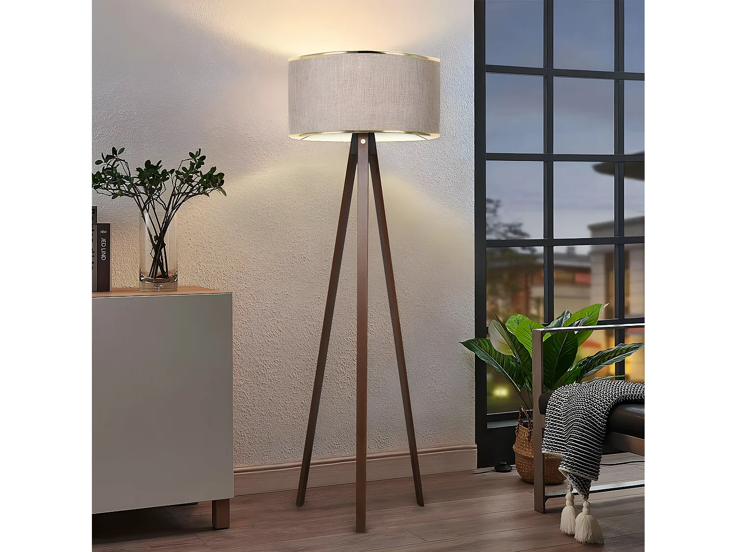 Lámpara con trípode de madera Parnoe y pantalla de tela  H140cm 1xE27 - Beige y Dorado