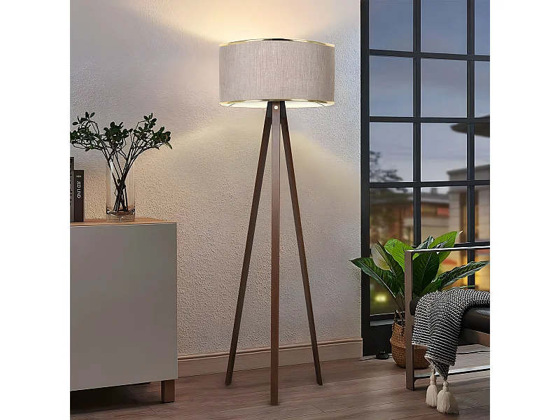 Lámpara con trípode de madera Parnoe y pantalla de tela  H140cm 1xE27 - Beige y Dorado