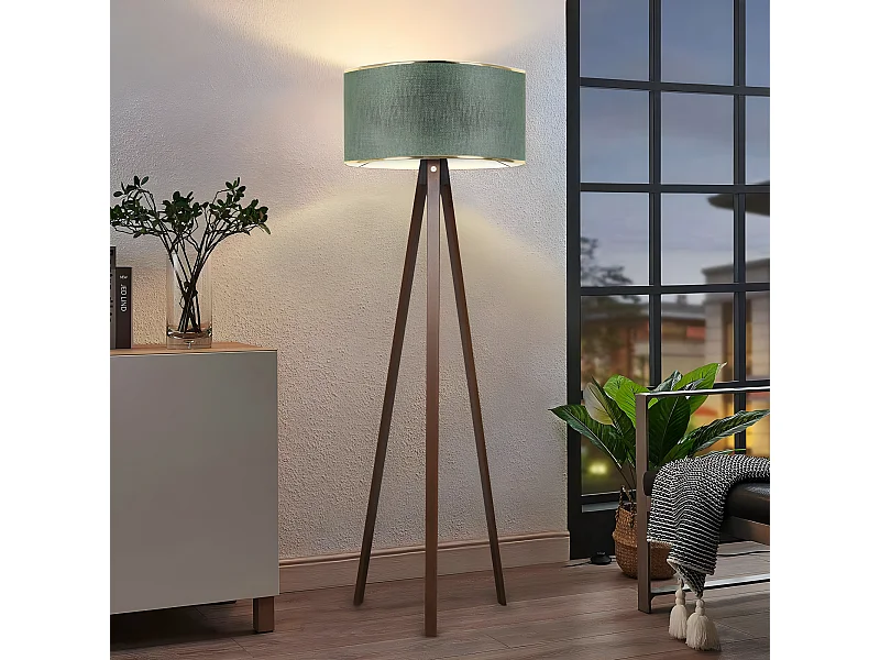 Lámpara con trípode de madera Parnoe y pantalla de tela  H140cm 1xE27 - Caqui y Dorado