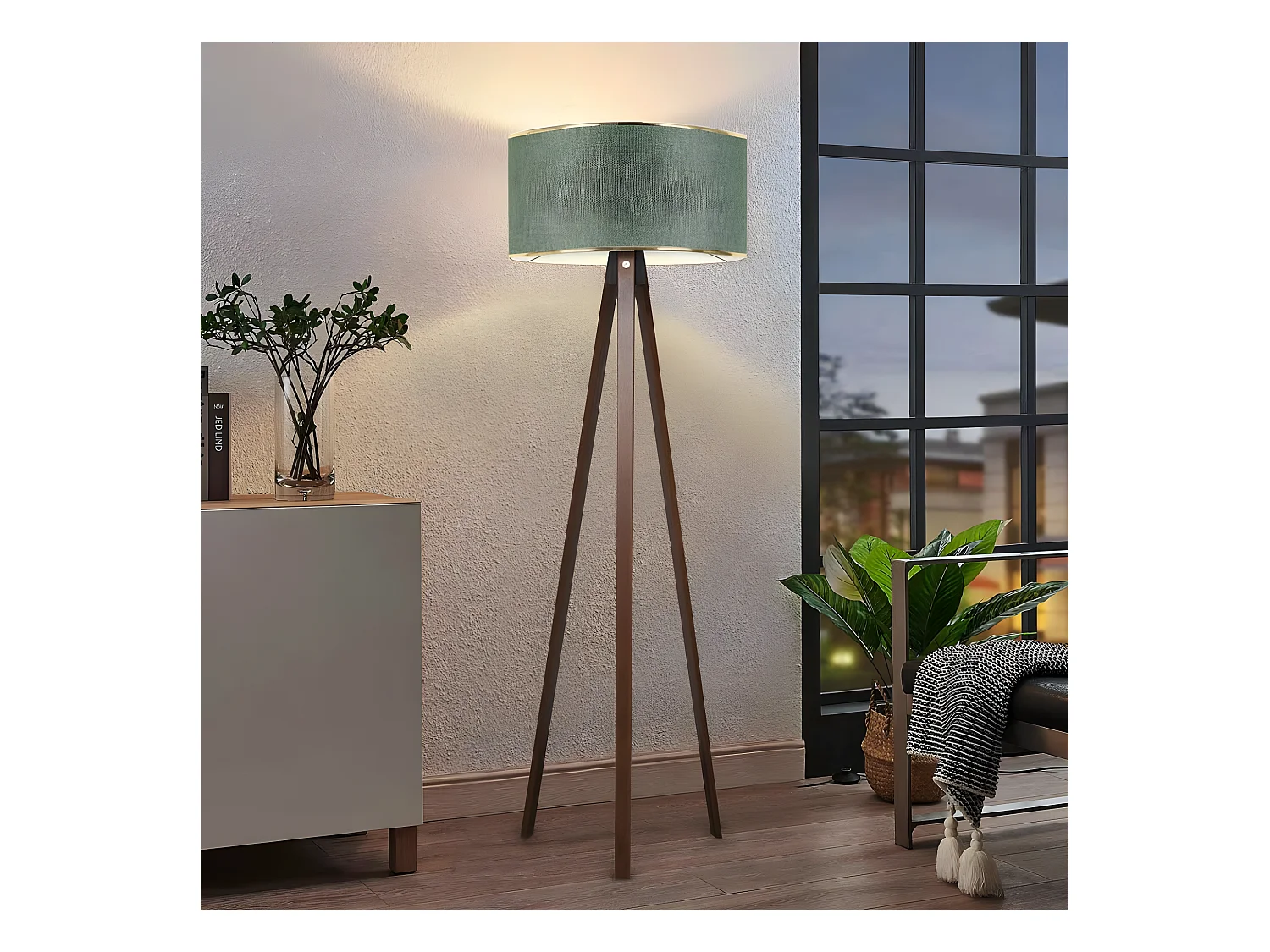 Vloerlamp met houten statief Parnoe en stoffen lampenkap H140cm 1xE27 - Kaki en Goud