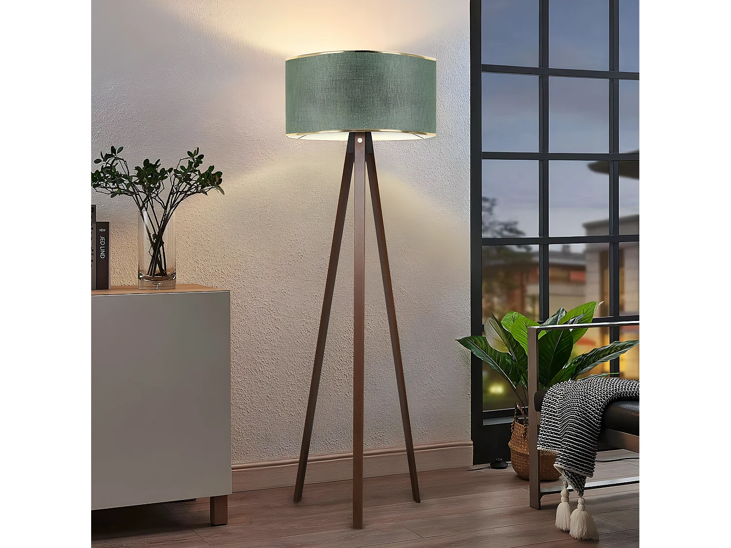 Lampada con treppiede in legno Parnoe e paralume in tessuto H140cm 1xE27 - Kaki e Oro
