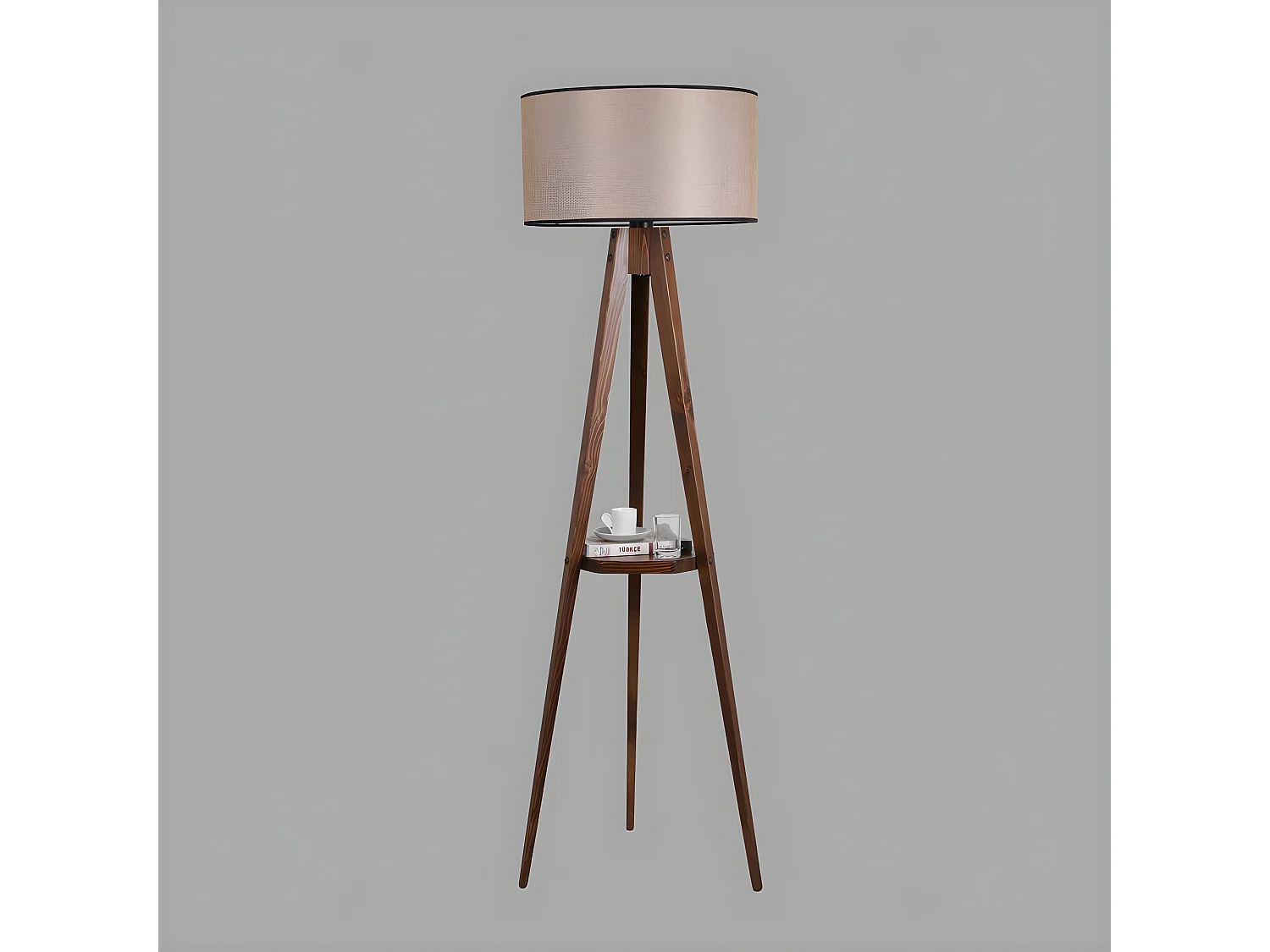 Lampe avec trépied et étagère en bois Grady et abat-jour en tissu H153cm 1xE27 - Crème