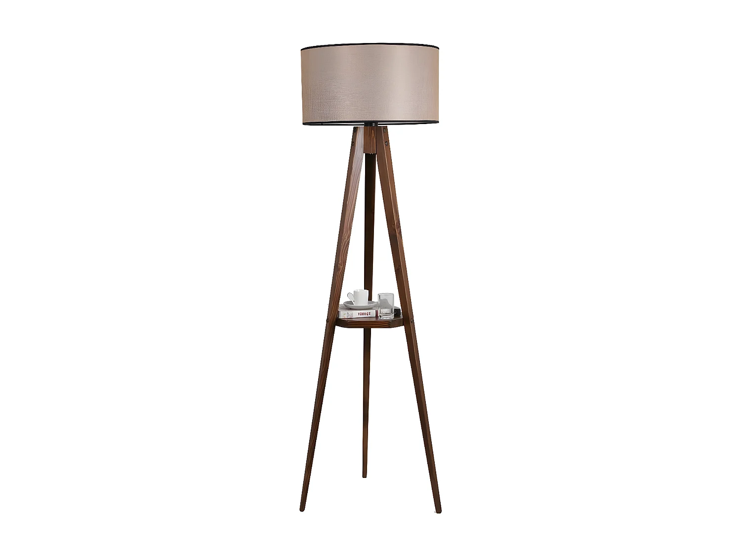 Lampada con treppiede e mensola in legno Grady e paralume in tessuto H153cm 1xE27 - Crema