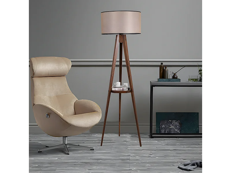 Lampe avec trépied et étagère en bois Grady et abat-jour en tissu H153cm 1xE27 - Crème