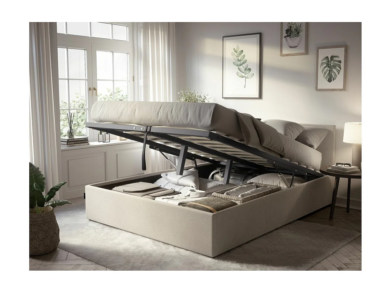 Cadre de lit EDGAR avec coffre de rangement et tête de lit en velours côtelé - Beige - 140 x 190 cm