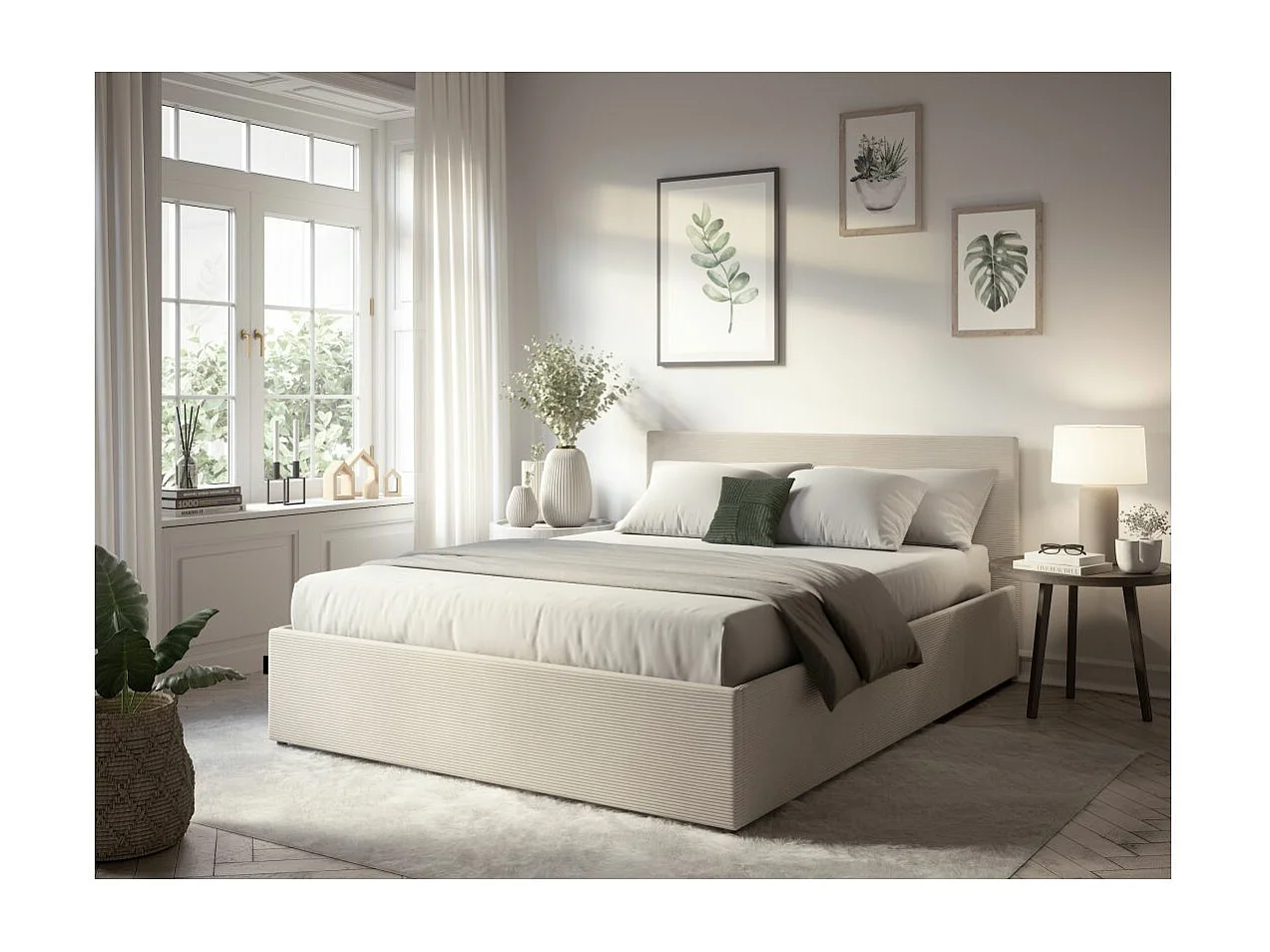 Cadre de lit EDGAR avec coffre de rangement et tête de lit en velours côtelé - Beige - 140 x 190 cm