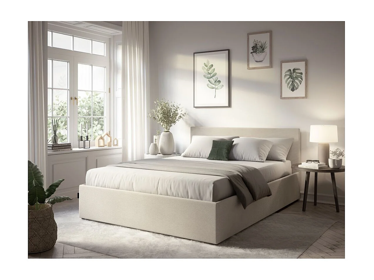 Cadre de lit EDGAR avec coffre de rangement et tête de lit en velours côtelé - Beige - 140 x 190 cm
