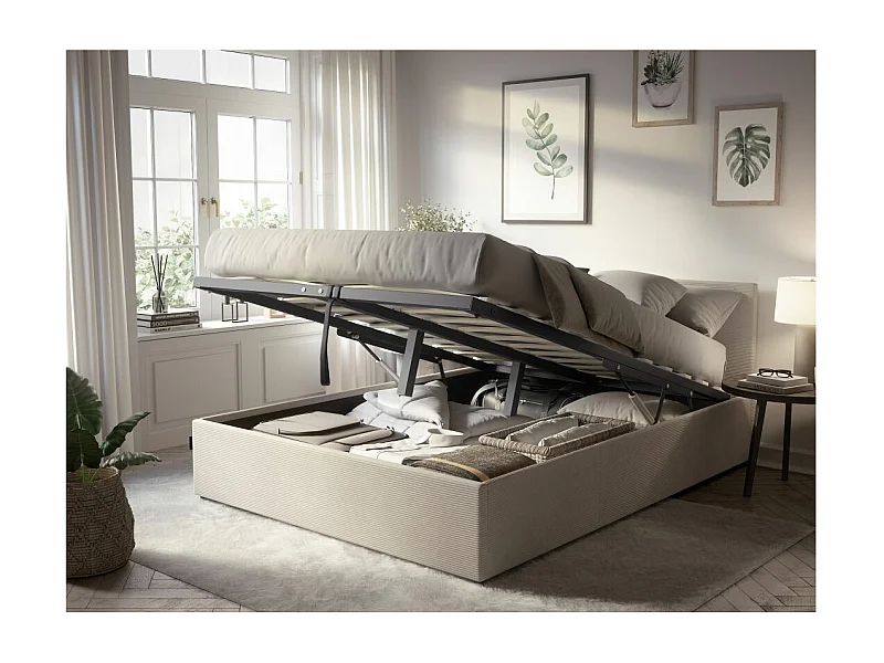 Cadre de lit EDGAR avec coffre de rangement et tête de lit en velours côtelé - Beige - 140 x 190 cm
