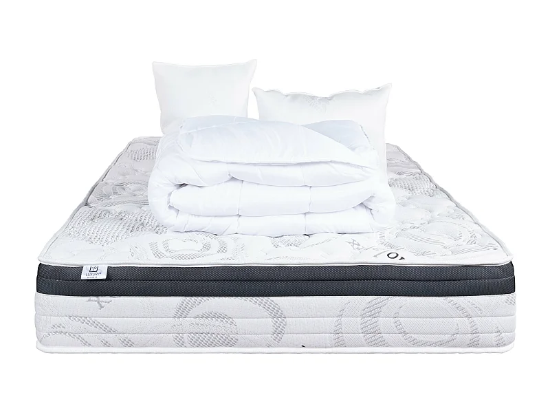 Colchão 140x190 cm, Sleeplux, 26cm, látex, ergonómico, face verão/inverno, alta densidade + 2 almofadas + edredom