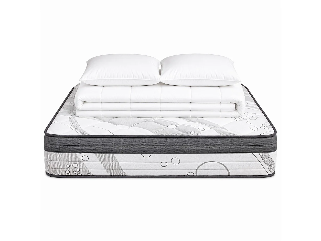 Matelas Relaxation, 27cm, Ressorts Ensachés, Mousse Haute Densité, ergonomique, Soutien Equilibré + oreiller(s) + couette