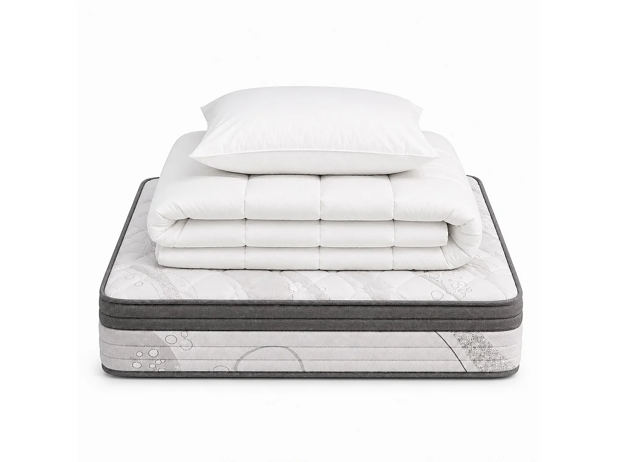 Matelas Relaxation, 27cm, Ressorts Ensachés, Mousse Haute Densité, ergonomique, Soutien Equilibré + oreiller(s) + couette