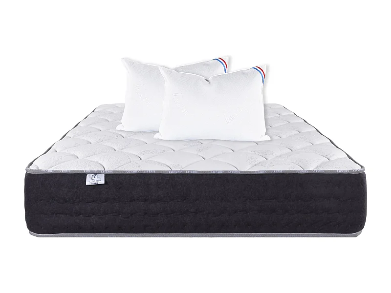 Matelas 140x200 cm, Sérénité, Ressorts Ensachés, Soutien très ferme + 2 Oreillers