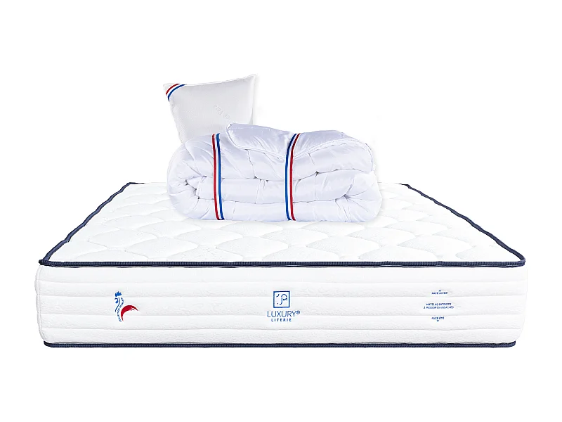 Matelas 90x190 cm, Patriote, 27cm, Ressorts Ensachés, Soutien ferme + Oreiller + Couette