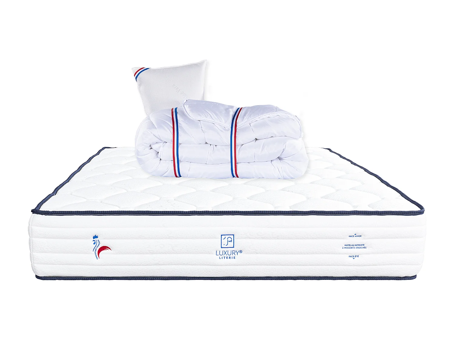 Matelas 90x190 cm, Patriote, 27cm, Ressorts Ensachés, Soutien ferme + Oreiller + Couette