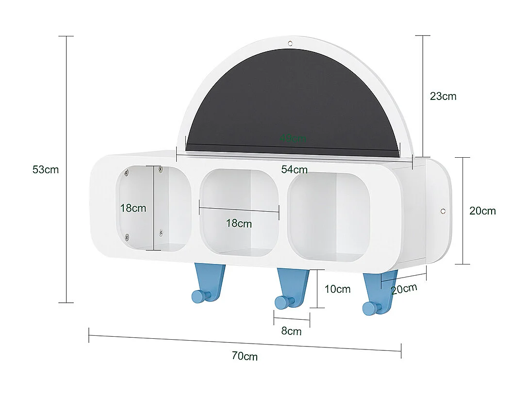 Appendiabiti A Muro Per Bambini Con 1 Lavagna A Semicerchio Scaffale Per Bambini Bianco-Azzurro 70 X 20 X 53 Cm KMB86-W