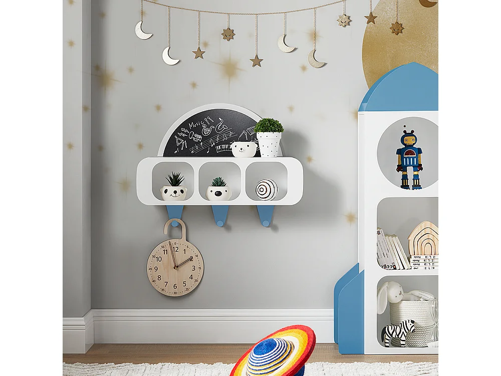 Appendiabiti A Muro Per Bambini Con 1 Lavagna A Semicerchio Scaffale Per Bambini Bianco-Azzurro 70 X 20 X 53 Cm KMB86-W