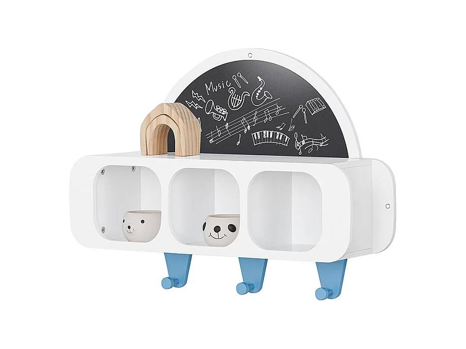 SoBuy Hangende opbergplanken Kinderkamer, kinderwandplank met 1 halvemaanbord, 3 vakken en 3 haken, 70x20x53 cm, KMB86-W