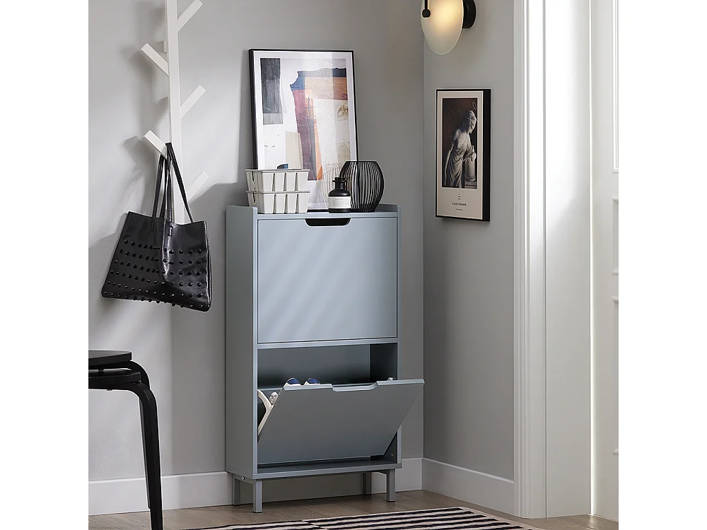 SoBuy Schoenenkast Schoenenopbergkast met 2 kleppen Schoenenkast Schoenenkast Entreekast Schoenenopberger – Grijs, 50x19x90 cm, FSR151-HG