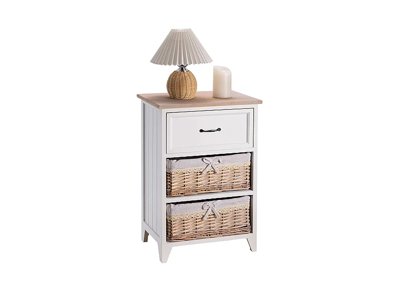 Table de chevet PROVENCE rangement 1 tiroir et 2 paniers étagère en bois de paulownia style shabby chic vintage rustique campagnard