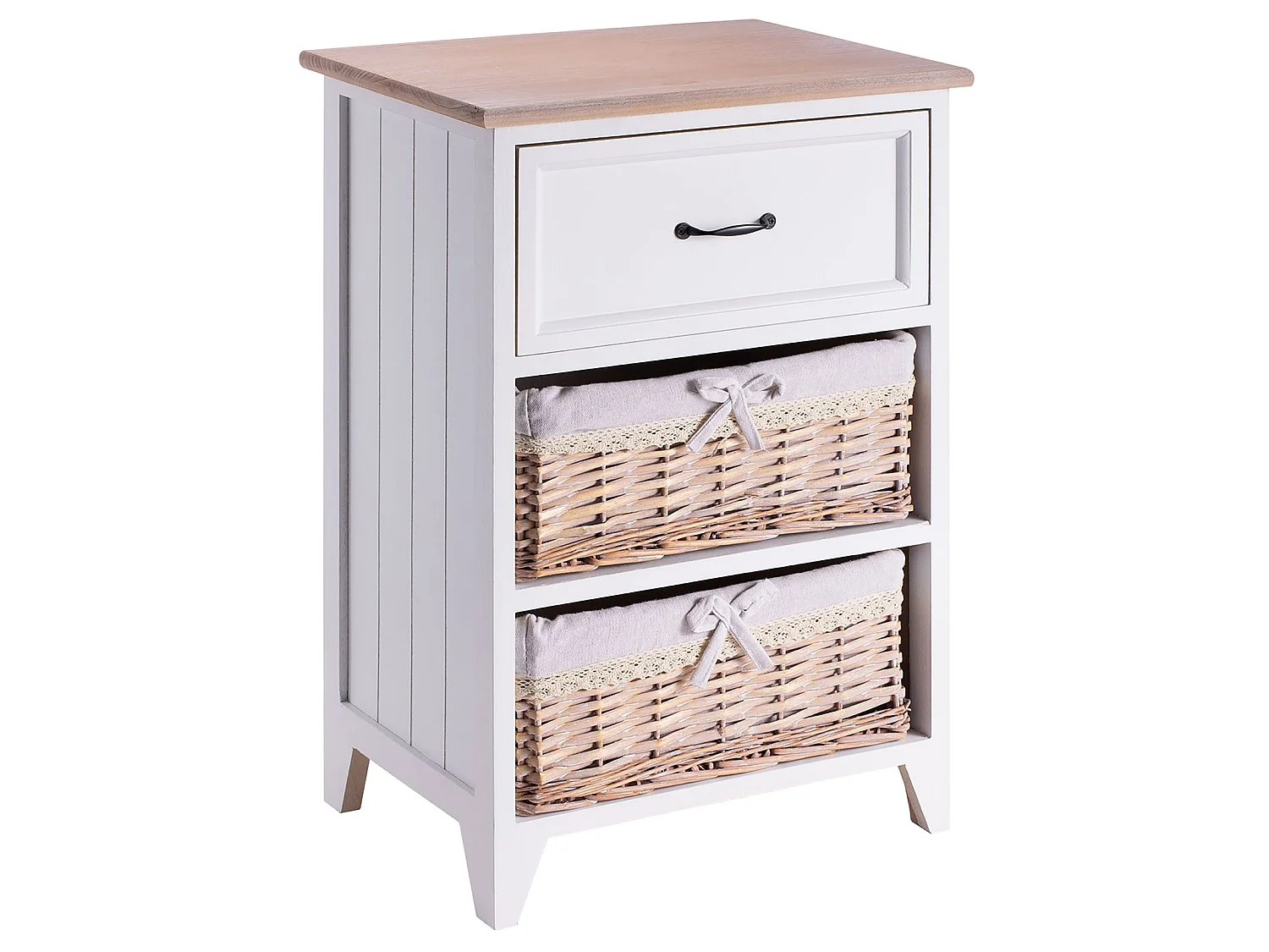 Table de chevet PROVENCE rangement 1 tiroir et 2 paniers étagère en bois de paulownia style shabby chic vintage rustique campagnard