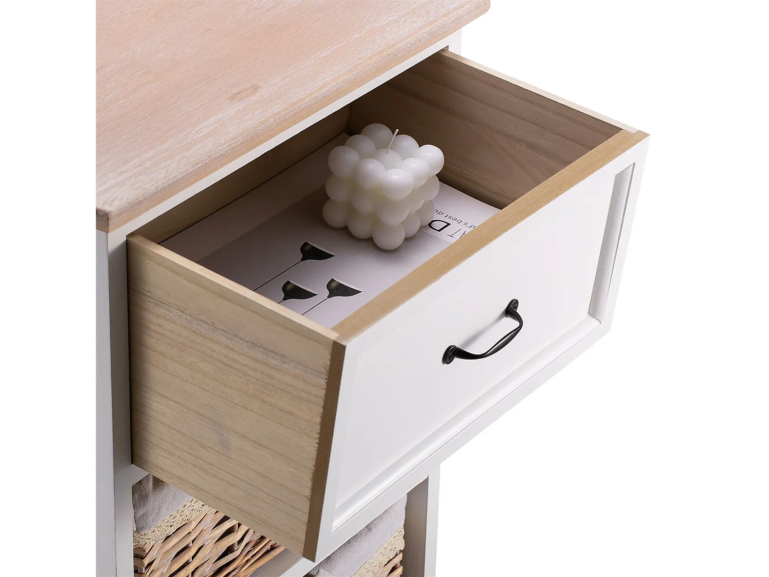 Table de chevet PROVENCE rangement 1 tiroir et 2 paniers étagère en bois de paulownia style shabby chic vintage rustique campagnard