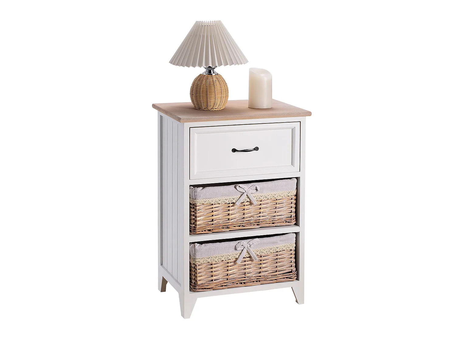 Table de chevet PROVENCE rangement 1 tiroir et 2 paniers étagère en bois de paulownia style shabby chic vintage rustique campagnard