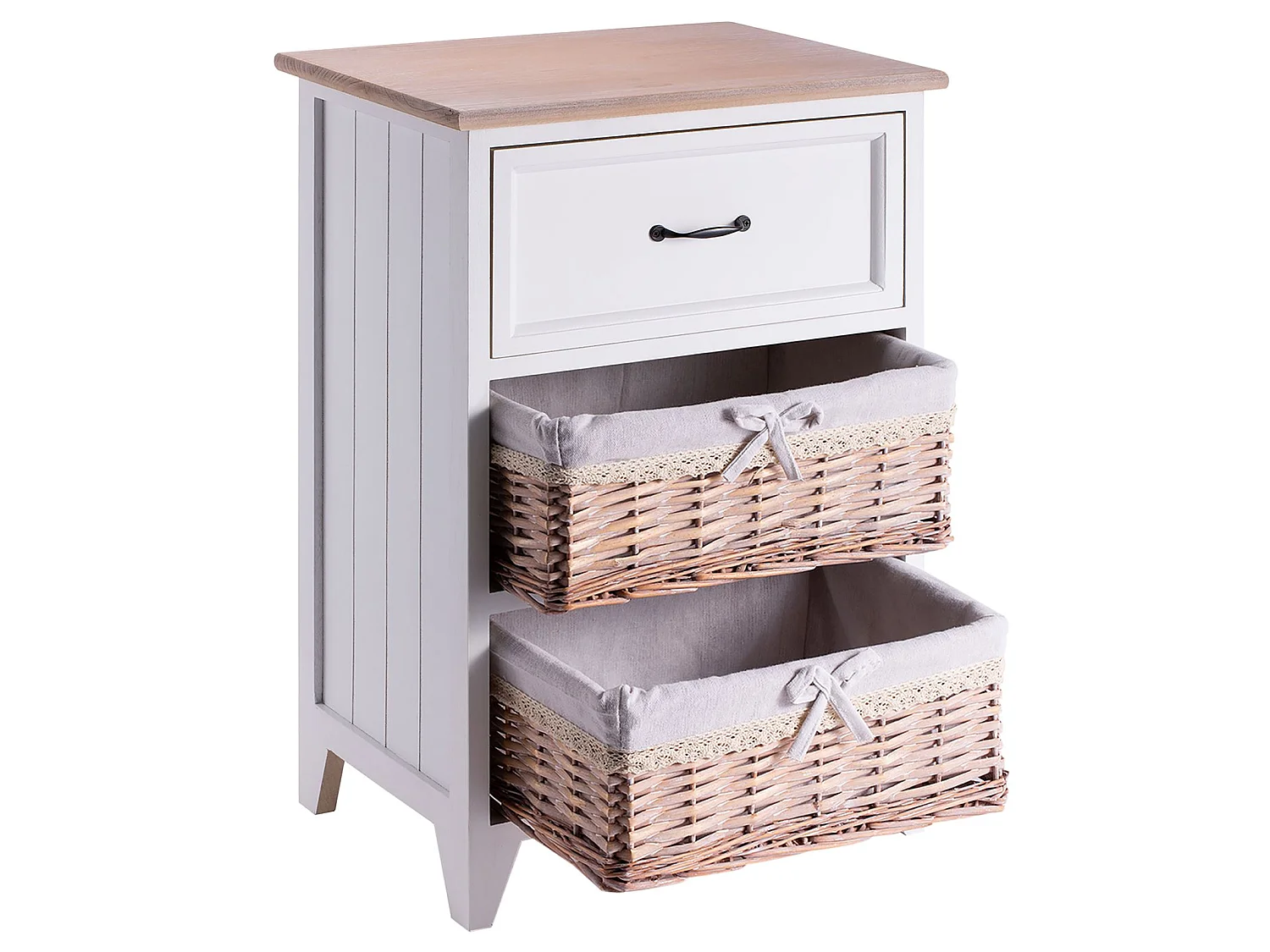 Table de chevet PROVENCE rangement 1 tiroir et 2 paniers étagère en bois de paulownia style shabby chic vintage rustique campagnard