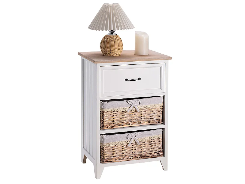 Table de chevet PROVENCE rangement 1 tiroir et 2 paniers étagère en bois de paulownia style shabby chic vintage rustique campagnard
