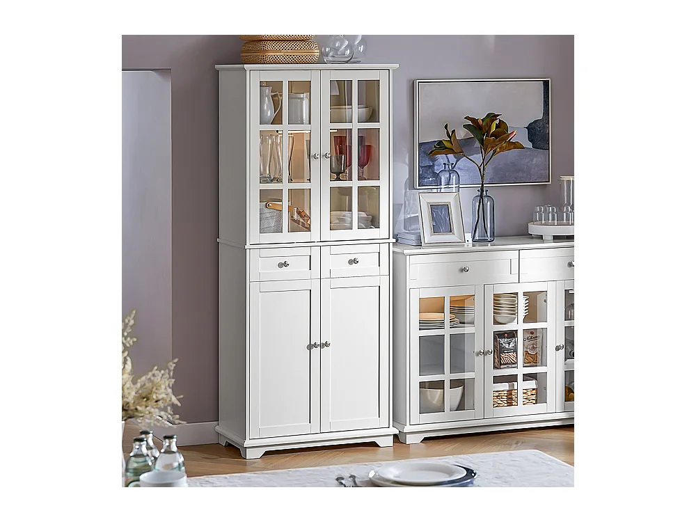 SoBuy Hoog dressoir, keukendressoir, opbergkast, vitrinekast, opbergkast voor keuken, eetkamer, woonkamer met 4 deuren en 2 lades, 75 x 40 x 175 cm, wit, FSB76-W