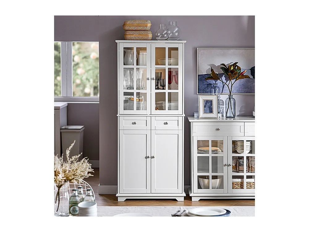 SoBuy Hoog dressoir, keukendressoir, opbergkast, vitrinekast, opbergkast voor keuken, eetkamer, woonkamer met 4 deuren en 2 lades, 75 x 40 x 175 cm, wit, FSB76-W