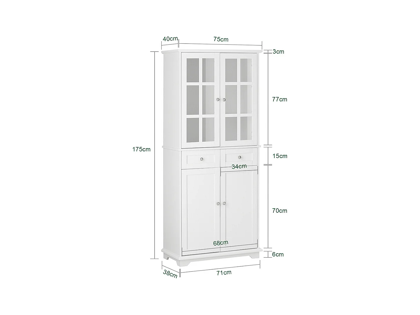 SoBuy Hoog dressoir, keukendressoir, opbergkast, vitrinekast, opbergkast voor keuken, eetkamer, woonkamer met 4 deuren en 2 lades, 75 x 40 x 175 cm, wit, FSB76-W