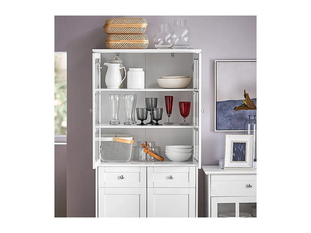 SoBuy Hoog dressoir, keukendressoir, opbergkast, vitrinekast, opbergkast voor keuken, eetkamer, woonkamer met 4 deuren en 2 lades, 75 x 40 x 175 cm, wit, FSB76-W