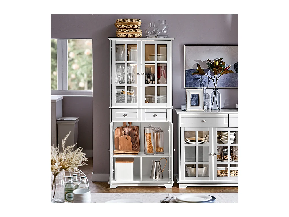SoBuy Hoog dressoir, keukendressoir, opbergkast, vitrinekast, opbergkast voor keuken, eetkamer, woonkamer met 4 deuren en 2 lades, 75 x 40 x 175 cm, wit, FSB76-W