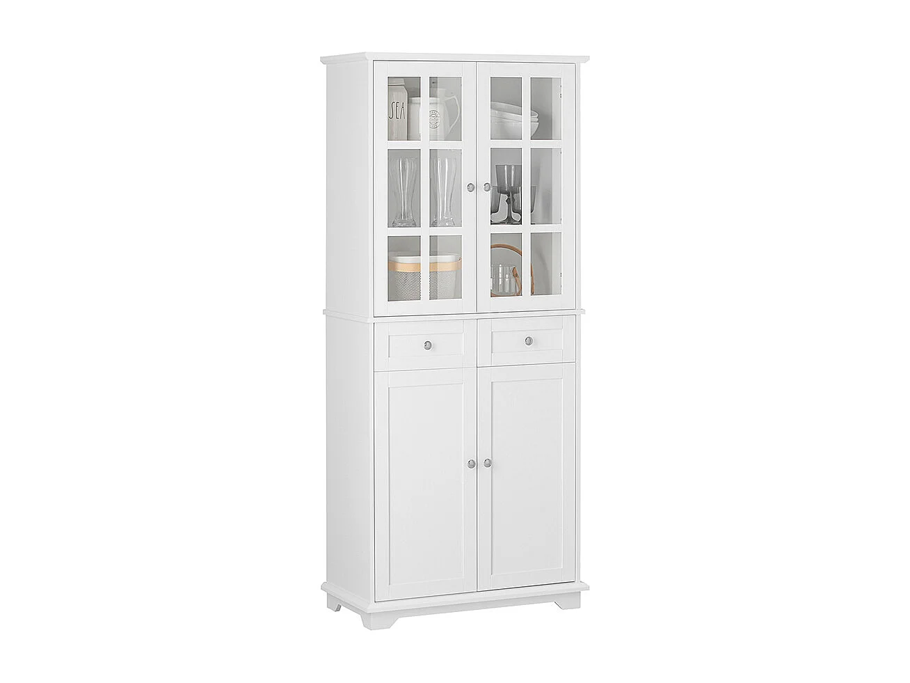SoBuy Hoog dressoir, keukendressoir, opbergkast, vitrinekast, opbergkast voor keuken, eetkamer, woonkamer met 4 deuren en 2 lades, 75 x 40 x 175 cm, wit, FSB76-W