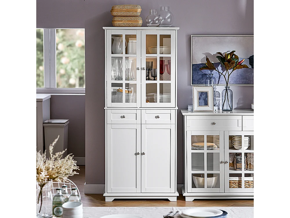 SoBuy Hoog dressoir, keukendressoir, opbergkast, vitrinekast, opbergkast voor keuken, eetkamer, woonkamer met 4 deuren en 2 lades, 75 x 40 x 175 cm, wit, FSB76-W