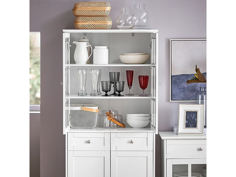 SoBuy Hoog dressoir, keukendressoir, opbergkast, vitrinekast, opbergkast voor keuken, eetkamer, woonkamer met 4 deuren en 2 lades, 75 x 40 x 175 cm, wit, FSB76-W