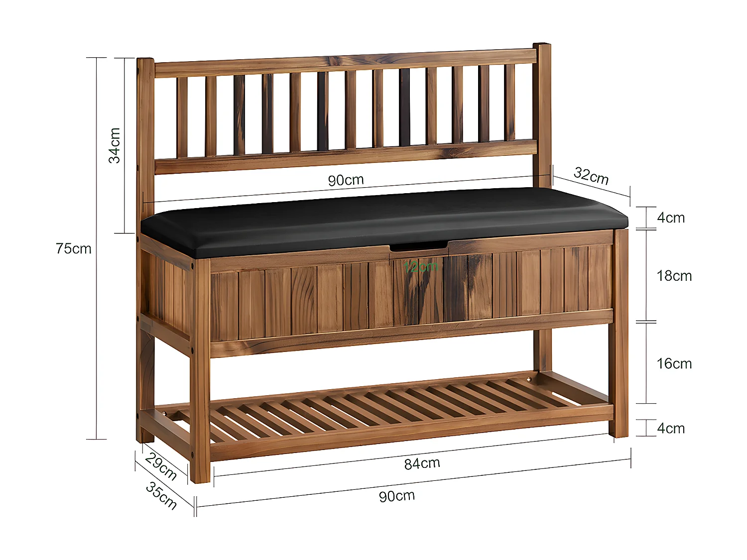 SoBuy Banc de Rangement à Chaussure, Meuble d'entrée, Bout de Lit, Banquette avec Dossier et Coussin Rembourré, en Bois de Pin, 90x35x75 cm, FSR150-N