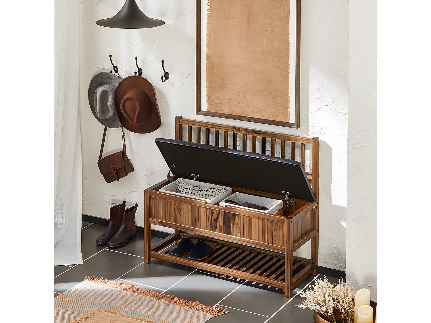 SoBuy Banc de Rangement à Chaussure, Meuble d'entrée, Bout de Lit, Banquette avec Dossier et Coussin Rembourré, en Bois de Pin, 90x35x75 cm, FSR150-N