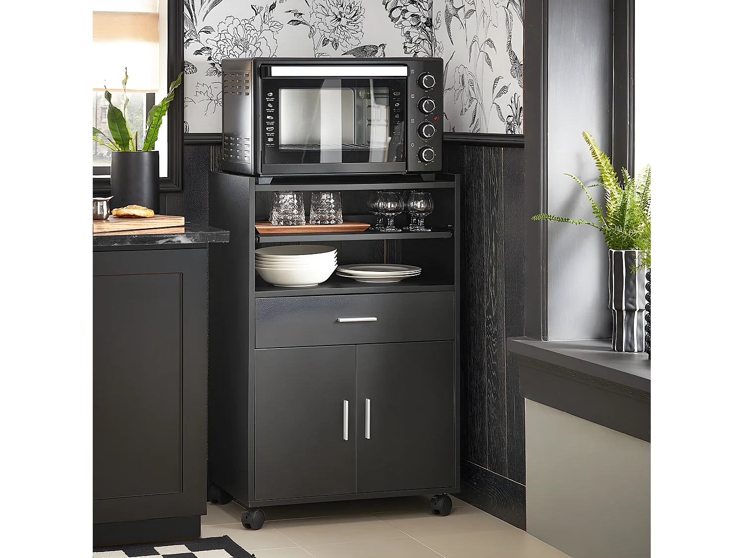 SoBuy Dressoir Magnetronkast op Wielen Opbergmeubel, Zwart, 59x40x92 cm, FSB09-SCH